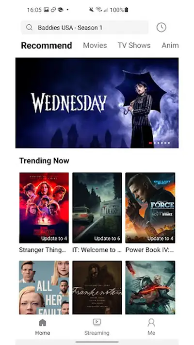 The Look Series home screen with Recommend, Movies, TV Shows and Anime tabs, a featured series banner and Trending Now rows